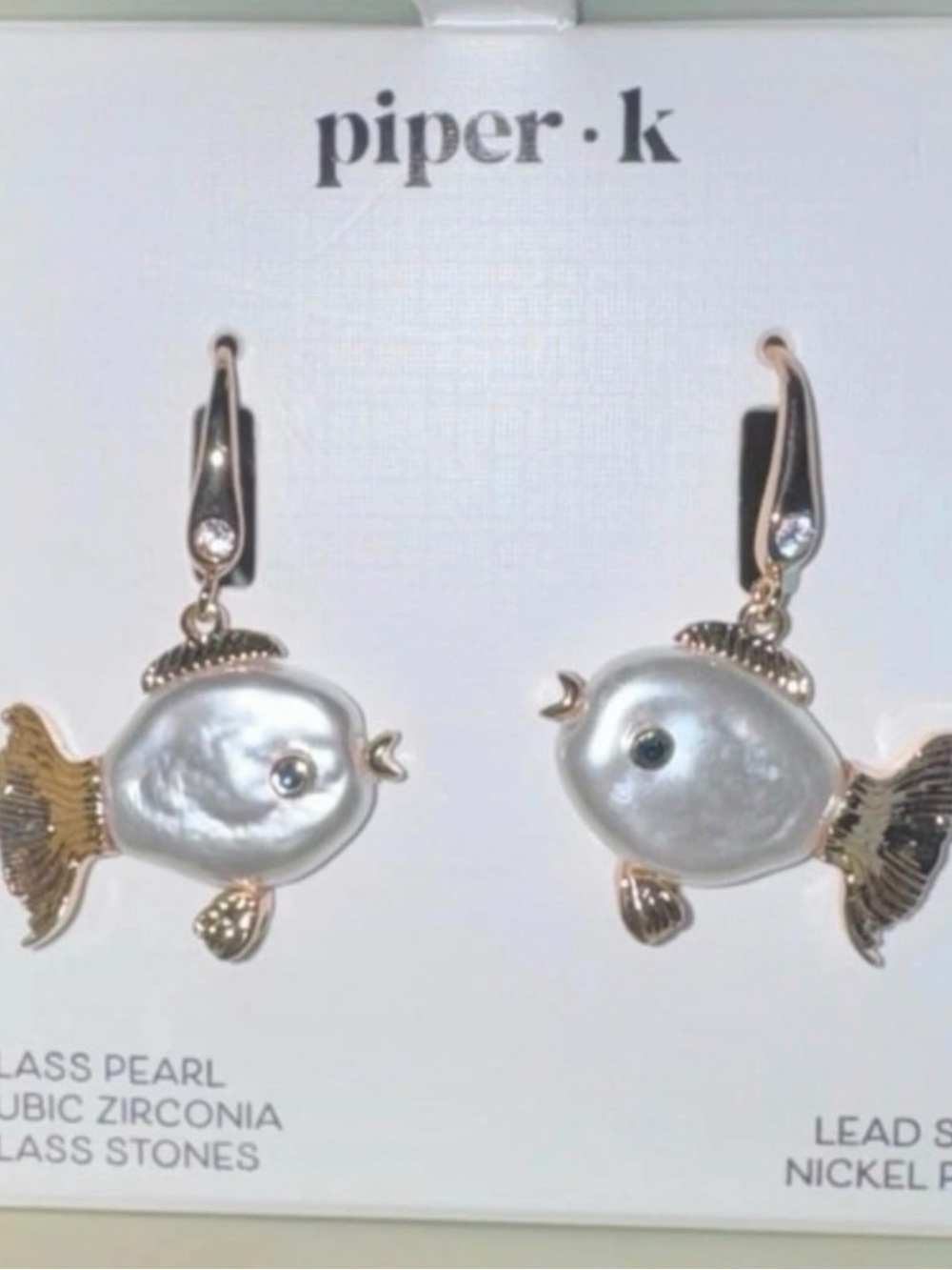 Piper Gold Tone Fish Earrings with White Pearl Bodies